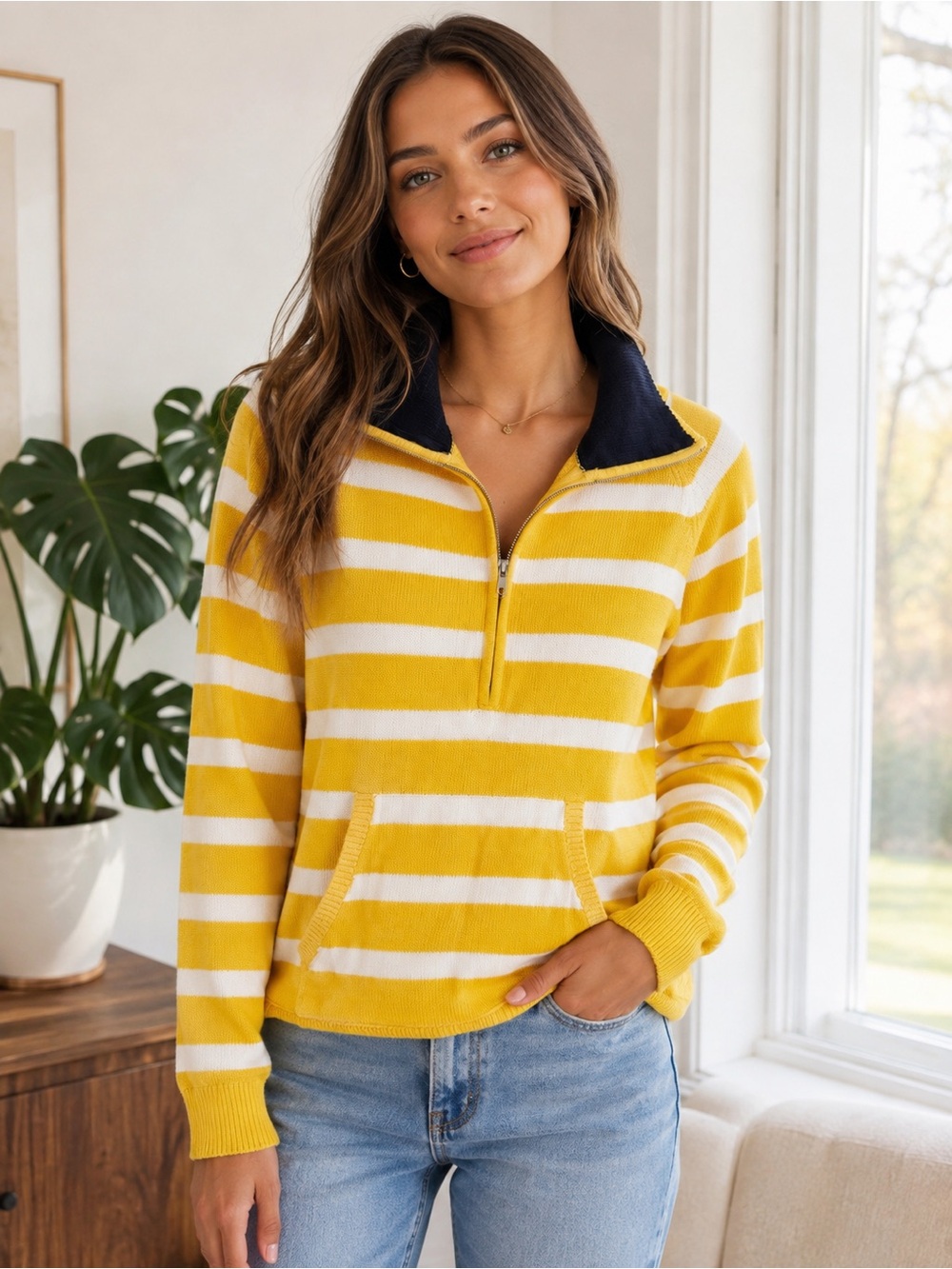 Lauren Ralph Lauren Yellow & White Striped Half-Zip Sweatshirt with Navy Collar